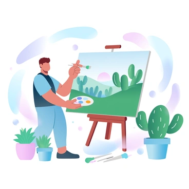 An artist is standing in front of a large canvas, actively painting a vibrant cactus landscape. The canvas displays various types of cacti in shades of green, set against a backdrop of gradient pastel colors that blend beautifully. The artist is holding a palette filled with bright paint colors, and various brushes are laid out beside them. Surrounding the artist are pots of cacti in different shapes and sizes, adding to the inspiration for the artwork. The scene is filled with the lively colors of the cacti and the pastel hues of the sky as the sun rises in the background.