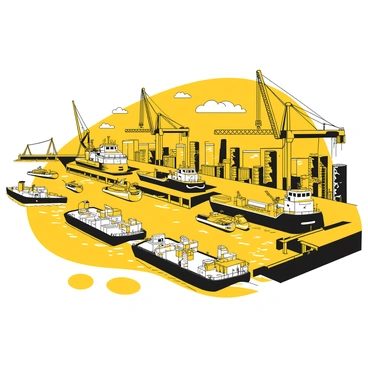 A busy industrial harbor filled with various ships and vessels. Multiple bunker barges are docked along the pier, some loaded with equipment and supplies. Towering cranes stand tall, poised to lift heavy cargo containers and materials. The water is rippling with movement as smaller boats navigate through the harbor. In the background, industrial buildings and warehouses are visible, contributing to the busy atmosphere of the port.