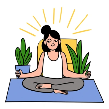 A serene scene showing a woman with light skin and big eyes sitting cross-legged on a yoga mat. She has long dark hair flowing down her back and is wearing a comfortable white tank top and grey yoga pants. Her hands rest on her knees, palms facing up, indicating a state of calm. Soft beams of light surround her, symbolizing a connection between her mind and body. In the background, there are gentle green plants, and a window letting in soft, natural light, enhancing the atmosphere of relaxation.