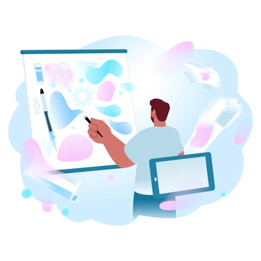 An artist is standing in front of a large digital canvas, focused on creating an artwork. The artist is holding a stylus and is using a digital tablet. Surrounding the artist are various tools and devices related to digital painting. The canvas is filled with "vibrant colors" and "intricate graphics" that splash across the surface. There are patches of color blending together and flowing into each other, creating a dynamic composition. The background features a subtle gradient that complements the colors on the canvas.