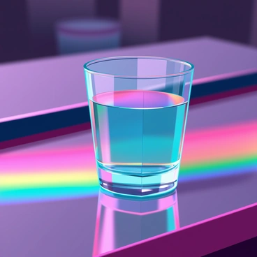 A clear shot glass filled with a vibrant liquid, positioned on a polished wooden table. The shot glass is reflecting light, casting a colorful rainbow light spectrum onto the surface of the table. The spectrum spans across the table, with hues of red, orange, yellow, green, blue, and violet seamlessly blending into each other. The background features soft-focus elements, enhancing the clarity and brilliance of the rainbow effect created by the shot glass.