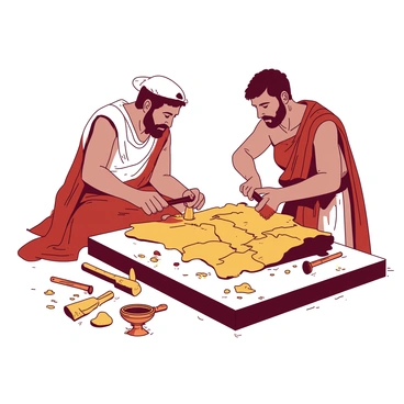 Two craftsmen are engaged in their work using traditional Babylonian tools. One craftsman, with a long flowing tunic, is carefully carving intricate patterns into a large stone slab using a chisel and hammer. The texture of the stone is rough, revealing sharp details as he works. The second craftsman, wearing a belt with various tools, is shaping a piece of wood with a small hand saw, focusing intently on his task. Surrounding them are scattered tools made of bronze, along with wooden shavings and stone dust on the ground. The scene is set in a workshop with warm lighting illuminating their craftsmanship.