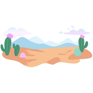 A wide panoramic view of a vast desert landscape stretches across the horizon. The sandy ground is dotted with several cacti, each in full bloom, showcasing vibrant flowers in various colors. The sky above transitions into gradient pastel colors, blending softly from pale pink to light blue. The distant mountains create a subtle outline against the sky, while the warm sunlight casts gentle shadows on the sandy surface, enhancing the textures of the desert.
