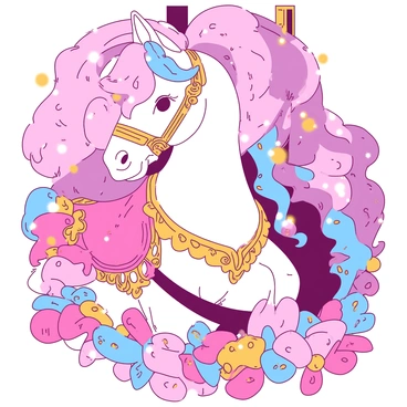 A close-up view of a carousel horse adorned with intricate golden details. The horse has a glossy white coat, and its mane features vibrant shades of pink and blue that flow gracefully. Its eyes are wide and expressive, showcasing a sparkling sheen. The saddle is elaborately designed with ornate carvings and shimmering gold accents. Surrounding the horse, there are colorful ribbons and a delicate garland of flowers that enhance its decoration. The background features soft, blurred lights, highlighting the elegance of the carousel horse.