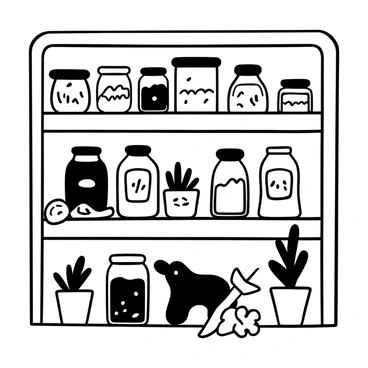 A kitchen shelf filled with various spice jars arranged neatly. Each jar has a different shape and size, all labeled with their respective spices. Several small potted herbs, such as basil and rosemary, are placed in front of the jars. A wooden spoon rests against one of the jars, and a few scattered spice leaves are seen on the shelf.