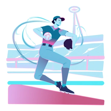 A dynamic scene of a pitcher with a focused expression, wearing a fitted baseball uniform with a cap. He is in mid-throw, his arm extended back and his body coiled in a powerful stance. The baseball is gripped tightly in his hand, and a trail of swirling visual effects surrounds the ball, depicting speed and motion. His other arm is positioned for balance, and his legs are firmly planted on the mound, displaying the intensity of the moment. The background features a blurred stadium, enhancing the sense of movement and energy.