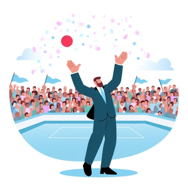 A prime minister in a formal suit is standing on a brightly colored sports field. The prime minister is poised with one arm raised, tossing a bright red ball into the air. The background is filled with a large crowd of cheering fans, many waving flags and banners. The fans are dressed in a variety of colorful outfits, adding to the lively atmosphere of the event. Above the scene, colorful confetti is falling from the sky, creating a festive vibe.