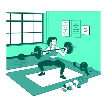 A teal home gym interior features modern exercise equipment and large windows that let in natural light. In the center of the room, a person is performing a barbell squat. The individual has a focused expression and is dressed in fitted workout attire. The barbell rests on their shoulders, and they are positioned over a soft white mat for stability. Surrounding the individual, there are various weights and a yoga mat rolled up in the corner. The walls are adorned with motivational quotes in stylish frames.