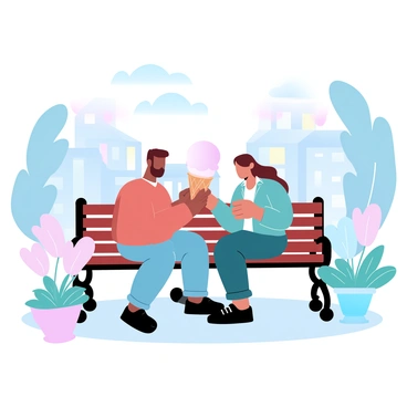 Two flat-faced characters are sitting on a bench in a vibrant neighborhood. The characters are sharing a large cone of ice cream, with one character holding the cone while the other reaches out for a scoop. The bench is surrounded by colorful buildings and greenery, with flowers blooming in planters nearby. A few passersby can be seen in the background, adding to the lively atmosphere of the neighborhood. Bright pastel colors dominate the scene, enhancing the cheerful mood.