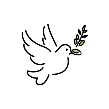 A dove, white with soft feathers, is depicted soaring into the air. In its beak, it carries a green olive branch, symbolizing peace. The dove's wings are fully extended, showcasing the details of the feathers as it ascends. The background is minimalistic, emphasizing the motion of the dove and the significance of the olive branch.