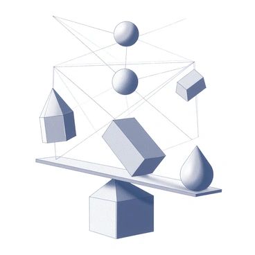 A sculpture that represents balance through intersecting lines and shapes. The sculpture is comprised of various geometric forms, including cubes, spheres, and angular prisms. These forms are arranged in a way that creates a sense of equilibrium, with some shapes appearing to hover or lean against each other. The lines are sharp and precise, forming an intricate network that adds complexity to the composition. The overall structure conveys the theme of harmony and stability, with each intersecting element contributing to a unified whole.