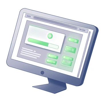 A computer screen is shown with a user interface displaying a "Data Validation" process. Various elements on the screen indicate progress, with a progress bar moving towards completion. Several green lights are illuminated, symbolizing successful validation at different stages. The screen may display numerical data and checkmarks next to validated entries. The entire scene conveys a sense of functionality and precision in data processing.