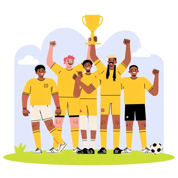 An interracial soccer team is standing together on a green field, smiling widely and posing for a photo after winning a match. The players are wearing matching bright yellow jerseys with their team logo on the front. Some players are holding a shiny trophy high above their heads, while others are making victory gestures with their fists. The background features a clear blue sky and a few fluffy white clouds. The team's diverse members include individuals with various skin tones and hairstyles, showcasing unity and celebration. A soccer ball rests on the grass nearby, adding to the scene of victory.