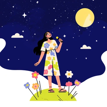 A singer standing on a small hill, with long flowing hair, wearing a colorful dress decorated with floral patterns. The singer holds a microphone and looks up towards the sky. Above, a dark blue starry night sky filled with bright white stars and a large glowing moon. Soft, fluffy clouds drift lazily across the sky. In the foreground, there are various flowers in different colors and a gentle breeze causes them to sway slightly.