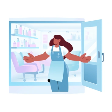 A friendly stylist is standing at the entrance of a salon, welcoming a new client with open arms. The stylist has a fashionable outfit, complete with a colorful apron and hair accessories. The salon interior features modern decor, with elegant lighting and stylish chairs in the background. There are shelves displaying various hair products and tools. A large shop window allows natural light to flood the space, creating a warm and inviting atmosphere.