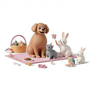A jigsaw puzzle featuring multiple cute animal friends. In the center, a large fluffy dog with a brown coat is sitting on a picnic blanket, smiling joyfully. Next to the dog, there is a small gray cat with white paws, playfully batting at a butterfly. A fluffy white rabbit is nibbling on a carrot, sitting on the other side of the blanket. The picnic blanket is adorned with a checkered pattern, and surrounding them are various picnic items, including a basket filled with fruits, a sandwich, and a bottle of juice. The scene is filled with vibrant colors and a cheerful atmosphere.