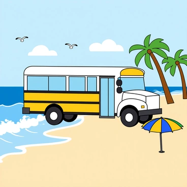 A large white school bus parked on a sandy coastline. The bus has yellow accents on its sides and is facing the ocean. Waves are crashing onto the shore, sending white foam into the air. In the background, there are a few tall green palm trees swaying gently in the breeze. The sky is clear with a few fluffy white clouds scattered above. Seagulls are flying overhead, and a colorful beach umbrella is placed nearby on the sand.