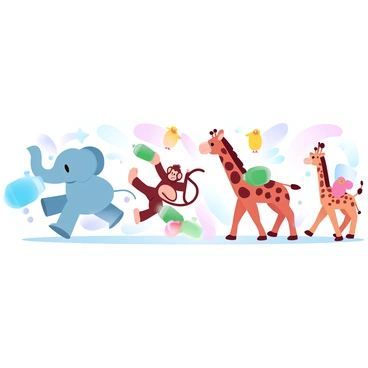 A cartoon parade of animals carrying water bottles joyfully