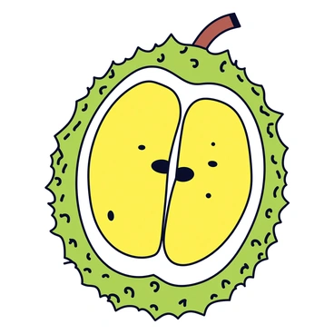 A jackfruit with a textured, spiky green exterior. The fruit is shown with a cut through the middle, revealing its yellow, fleshy interior. The cross-sections display the distinct segments and seeds, highlighting their arrangement. The sketch captures the natural contours and shading of the fruit, emphasizing the contrast between the outer skin and the inner flesh. The background is left plain to focus solely on the jackfruit.
