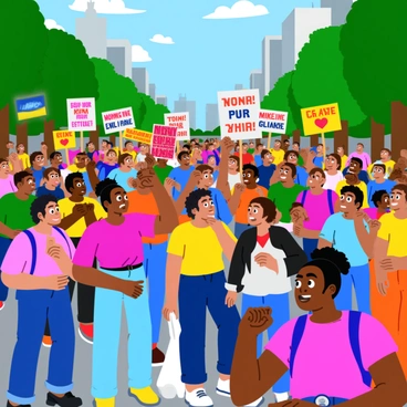 A vibrant street scene filled with a diverse crowd of people gathered together, actively participating in a protest for change. The crowd consists of individuals of various ages and ethnicities, each displaying a strong sense of determination. Many participants are holding up colorful signs that feature bold messages of hope and unity, with bright colors such as red, blue, yellow, and green. The background shows a cityscape with tall buildings and trees lining the street, adding to the lively atmosphere. Some individuals are chanting and raising their fists in solidarity, while others are engaged in animated discussions, creating a dynamic and energetic scene.
