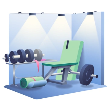 A corner of a gym is filled with various weights and exercise equipment. The scene is illuminated by dim overhead lights, creating a low-light atmosphere. A set of black dumbbells rests on a metal rack, their surfaces reflecting subtle glimmers of light. Nearby, a weight bench is positioned under a shadowy area, suggesting its use in workouts. Large exercise mats are rolled up against the wall, and a resistance band is draped over a nearby barbell. Deep shadows loom over the floor, emphasizing the contours of the equipment and the weights. The overall ambiance is intense and focused, reflecting a space dedicated to fitness.