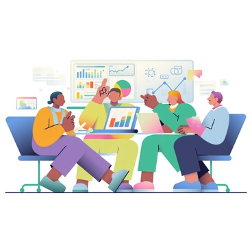 A diverse marketing team is gathered around a large conference table, engaged in analyzing social media metrics. On the table, there are several devices, including a tablet, a laptop, and a smartphone, each displaying graphs and data visualizations. The team consists of individuals with varying skin tones and hairstyles. One person is pointing at a colorful chart on the laptop screen, while another is taking notes on a notepad. A third team member is scrolling through the metrics on the tablet, and a fourth is discussing insights with the group. A whiteboard in the background features written strategies and ideas, adding to the collaborative atmosphere of the scene.