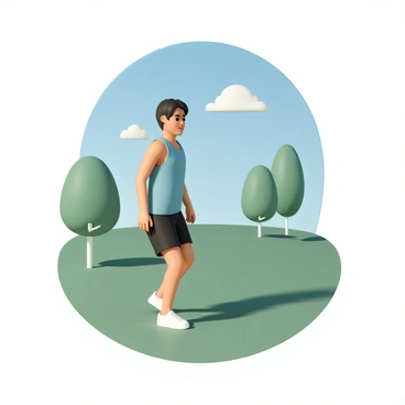 A person, wearing a light blue tank top and black athletic shorts, is performing heel taps on a vibrant green grassy field. The person has short black hair and is focused on the exercise. The clear blue sky overhead features a few fluffy white clouds, casting soft shadows on the ground. In the background, there are several trees, their leaves bright and healthy, completing the serene outdoor scene.
