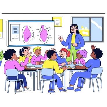 A classroom setting with colorful walls and educational posters. Several children of diverse backgrounds are sitting at desks, attentively listening to a teacher. The teacher, a woman with glasses and a friendly smile, stands at the front of the room, pointing to a large diagram of the thyroid gland displayed on a whiteboard. The children are engaged, with some raising their hands and others leaning forward in interest. There are various learning materials on the desks, including notebooks and pencils. A large window shows a bright sunny day outside.