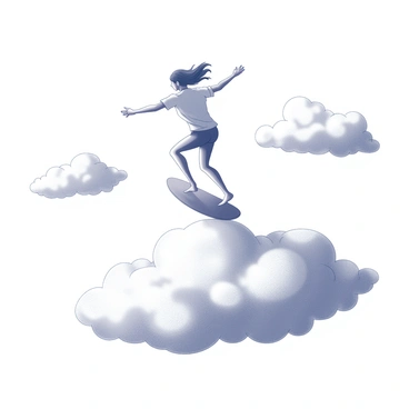A person surfing on a cloud as if it were a wave