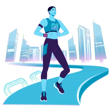 A person with medium skin tone running on a sleek urban pathway. They are wearing a fitted, high-tech running outfit in vibrant blue and black colors. On their wrist, a modern smartwatch displays real-time fitness metrics, including heart rate and distance. The person's face shows determination as they focus on their pace. Surrounding them are blurred silhouettes of trees and buildings, suggesting a dynamic city environment. A faint trail of digital data streams from the smartwatch as they run, illustrating the technology's tracking capabilities.