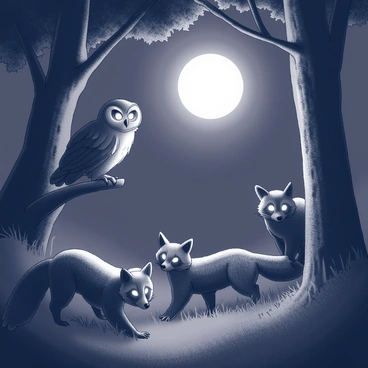 A dark forest scene illuminated by a soft moonlight. Various nocturnal animals are partially hidden in the shadows. Their glowing eyes, bright and piercing, emerge from the darkness, revealing their presence. Among the animals, an owl perches on a branch, its large eyes staring intently. A fox is crouching low to the ground, with its eyes glinting in the dim light. Additionally, a pair of raccoons peek out from behind a tree, their eyes reflecting the light as they observe their surroundings. The overall atmosphere is filled with mystery and intrigue, as the animals remain vigilant in the tranquil night.