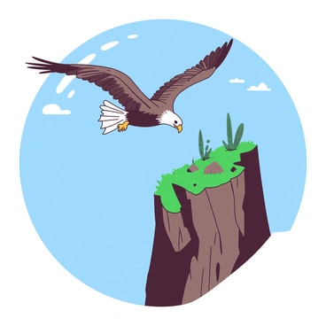 A majestic eagle with a white head and dark brown wings is soaring high above a steep cliff. The cliff is rugged and rocky, with patches of green vegetation peeking through the cracks. The eagle's wings are spread wide, showcasing its impressive wingspan as it glides gracefully against a bright blue sky. Below, the cliff drops sharply into a deep valley, adding a sense of height and grandeur to the scene.