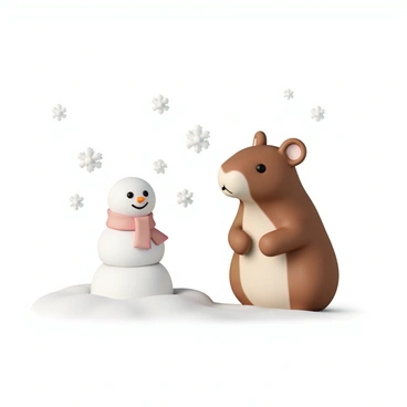A capybara, with its smooth brown fur and large round ears, stands in a snowy environment. The snow is bright white and covers the ground in a thick layer. Next to the capybara, there is a small snowman, with a classic round body and a cheerful face made from small pebbles for eyes and a carrot for a nose. The snowman is adorned with a tiny red scarf wrapped around its neck. Fluffy snowflakes are gently falling from the sky, adding to the wintery scene. The capybara looks curiously at the snowman, creating a playful and whimsical atmosphere.