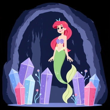 Ariel, a character with vibrant red hair and a shimmering green tail, stands at the entrance of a hidden cave. The cave’s interior is filled with an array of sparkling mystical crystals in various colors such as blue, purple, and pink. These crystals emit a soft glow, illuminating the dark surroundings with a magical light. The walls of the cave are rough and rocky, adding texture to the scene. Ariel's eyes are wide with wonder as she gazes at the dazzling display of crystals, with some larger crystals jutting out of the ground and reflecting light. Small, delicate sea flowers can be seen growing in the crevices, enhancing the enchanting atmosphere.