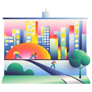 A large mural covers the side of a building, illustrating an urban landscape with bright colors. The mural features geometric shapes in shades of blue, yellow, and red, creating a dynamic city skyline. Tall buildings with stylized windows rise against a vivid sunset background, blending orange and pink tones. Below, abstract figures in motion are depicted, contributing to the lively scene. A green tree is painted in the foreground, its leaves contrasting with the colorful backdrop, while a pathway meanders through the bottom of the mural, inviting viewers to explore the vibrant artwork.