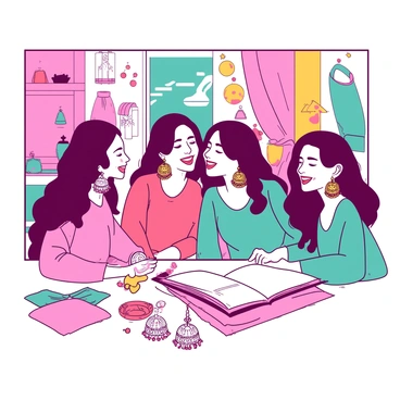 A group of friends playing dress-up, each wearing different styles of jhumka earrings.