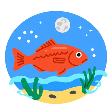 A vibrant redfish is swimming gracefully near a sandy shore. The fish has bright, shimmering scales that catch the light of the "full moon" above. The moon casts a silvery glow on the water, creating rippling reflections around the fish. Gentle waves roll in, creating small splashes as the fish moves. Seaweed and small pebbles can be seen scattered along the bottom, adding texture to the underwater scene. The background features a clear night sky dotted with stars.