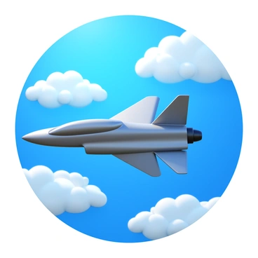 A sleek jet flying smoothly through fluffy, white clouds. The jet has a shiny metallic body reflecting sunlight. The background features a bright blue sky with scattered clouds and a clear atmosphere. The sunlight casts soft shadows on the clouds, enhancing their texture.