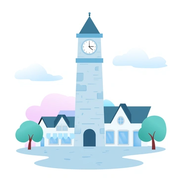 A tall clock tower with a stone facade is standing prominently in the center of a quiet town. The clock on the tower has its hands in a stopped position, indicating a specific time. Surrounding the clock tower are quaint buildings with rooftops of various shapes and colors. Below the tower, there are cobblestone streets that lead to small shops and cafes. Soft clouds are drifting in a pastel-colored sky, creating a calm atmosphere. A few trees are positioned around the square, adding greenery to the scene.