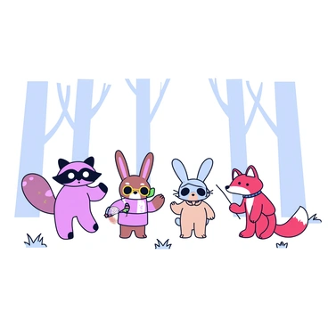 A group of animals is gathered in a smog-filled forest. Each animal is wearing a makeshift mask, crafted from various materials. A raccoon has a mask made from a discarded plastic bottle, with eye holes cut out. A rabbit sports a mask fashioned from an old fabric scrap, tied around its head with string. Nearby, a fox wears a mask created from a leaf and a twig. The trees in the background are faintly visible through the thick smog, with their silhouettes blurred by the haze. A few patches of grass can be seen on the forest floor.