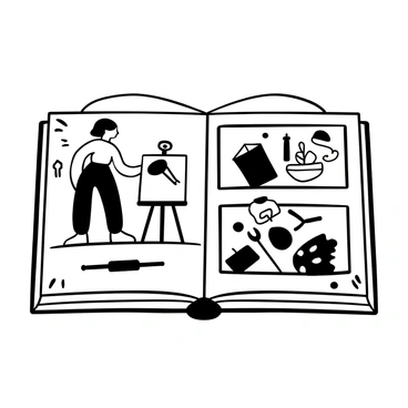 A black-and-white illustration of a photo album open to various pages. One page displays a person painting on a canvas with a palette in hand. Another page features a garden scene with tools and plants arranged neatly. A third page shows crafting supplies like scissors, paper, and glue scattered across a table. Decorative markings and borders frame each page, enhancing the thematic presentation of the album.