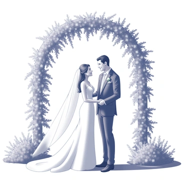 A bride and groom standing together beneath an intricately designed garden archway. The archway is adorned with lush greenery and delicate flowers, creating a natural canopy above them. The bride is wearing a flowing white gown, complemented by a veil that trails softly in the breeze. The groom is dressed in a formal suit, with a neatly tied tie and polished shoes. They are facing each other, sharing a moment of intimacy, with smiles that convey joy and love. The scene is set in a picturesque garden, with hints of blooming flowers and soft foliage surrounding them.