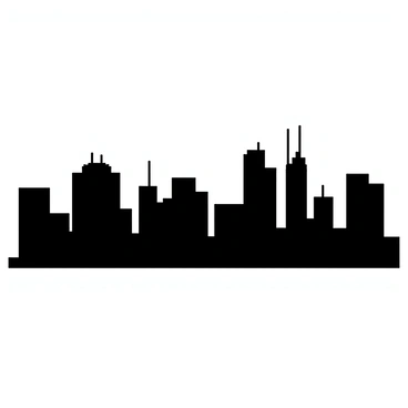 A black silhouette of a bustling city skyline with various skyscrapers and buildings of different heights and shapes. The skyline includes distinct features such as antennas and towers that extend above the general skyline. The bottom of the silhouette creates a defined frame, highlighting the cityscape against a blank background.