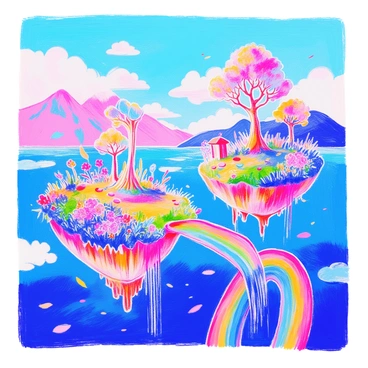 A whimsical fantasy landscape features several floating islands suspended in a bright blue sky. Each island is covered with lush green grass and colorful flowers. On one island, there is a tall, spiraling tree with vibrant leaves. Another island has a small waterfall cascading down its edge. Fluffy white clouds drift lazily around the islands. In the distance, there are mountains with soft pastel hues. A rainbow arcs gracefully across the scene, connecting two of the islands.