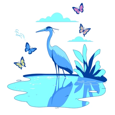 A blue heron stands gracefully by a serene pond, its long legs poised in the water. Around the heron, colorful butterflies flutter gently in the air, showcasing various patterns and colors. The breeze lifts the wings of the butterflies, creating a sense of movement and life. The sky is clear with a few wispy clouds, and the sunlight casts soft shadows around the scene. The heron gazes attentively at the water, reflecting an image of stillness amidst the lively butterflies.