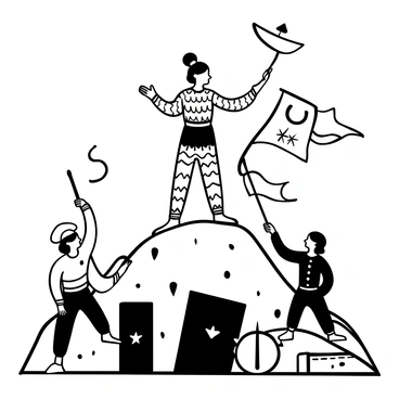 A woman in elaborate battle attire stands confidently on a rocky outcrop, her garments adorned with intricate patterns and details. She holds a spear firmly in one hand, while the other hand gestures towards her troops below. Surrounding her are banners fluttering in the wind, each displaying various symbols of her command. Below, soldiers are positioned in formation, ready to follow her orders. There are various ancient weapons scattered around, adding to the battle scene. The atmosphere conveys a sense of leadership and determination.