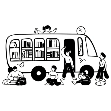 A mobile library bus with its side doors fully opened, revealing rows of neatly organized bookshelves filled with various books. Children of different ages and heights are gathered around, some reaching for books, while others hold titles in their hands. A few children are sitting on the ground, engrossed in reading. The bus is adorned with playful designs and illustrations related to storytelling and adventure. Several backpacks are scattered around, and the scene conveys a sense of excitement and exploration as the children engage with the books.