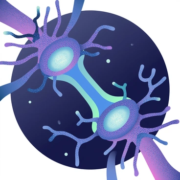 A close-up view of two neurons connecting with glowing synapses