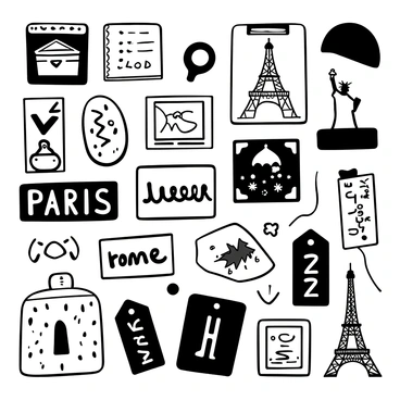 A collection of vintage travel postcards arranged in a grid pattern. The postcards feature various iconic landmarks, such as the Eiffel Tower and the Statue of Liberty, each adorned with vintage lettering. Scattered among the postcards are several luggage tags, showcasing designs from different eras, with tags that read "Paris," "New York," and "Rome". The entire layout is reminiscent of classic travel memorabilia, with a textured background that suggests a well-used travel diary.