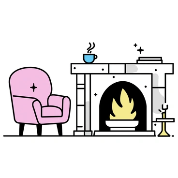 A marble fireplace with intricate details, featuring a roaring fire inside, casting a warm glow. The surrounding area includes a plush armchair, upholstered in soft fabric, positioned near the fireplace. A small wooden table sits beside the chair, holding a steaming cup of tea and a stack of books. The walls display subtle, elegant decorations, enhancing the cozy atmosphere of the space.